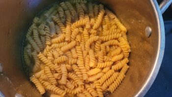 Overhead photo of pasta in a pot